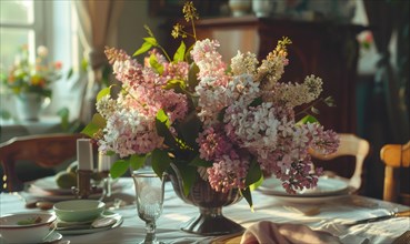 A floral arrangement featuring lilacs and laburnums on a dining table AI generated
