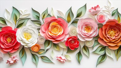 A stunning paper floral arrangement in pastel tones, showcasing roses and peonies in 3D art, ai