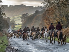 Traditional fox hunting with traditional clothing in England on horseback with dogs over hill and