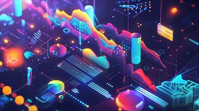 A vibrant 3D digital landscape with glowing neon colors and abstract shapes, ai generated, AI