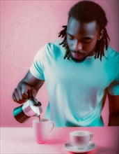 Person attentively pouring coffee from moka in a minimalist setting with a pastel pink backdrop,