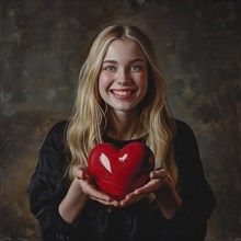 A young woman with a beaming smile holds up a red heart, AI generated