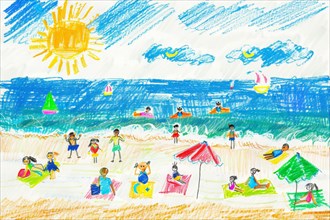 Beach scene bathing holiday by the sea, drawing with coloured pencils by a child of preschool age,
