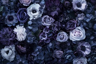 Moody and lush floral pattern with dark roses and anemones in purple and navy tones, illustration,