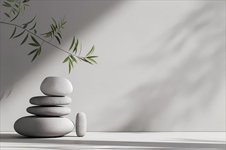 Minimalistic zen stones stacked with a white background casting soft shadows, illustration, AI