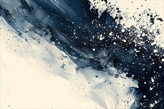 Dynamic abstract composition with splatters in monochrome blue, black, and white, illustration, AI