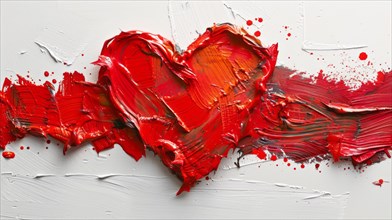 Expressive abstract art of a red heart with a dynamic split texture against a white background, ai