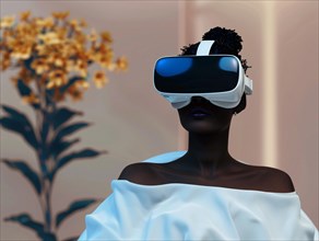A woman with modern attire in a pose with VR headset, blue and white tones dominating, AI generated