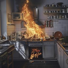 A wall of flames engulfs the kitchen equipment in a devastating fire, AI generated