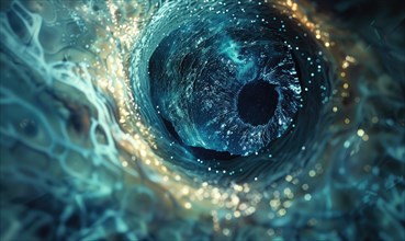 A swirling blue ice-themed artistic interpretation of a black hole's energy in the cosmos AI