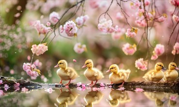 A group of fluffy ducklings waddling near a pond surrounded by blooming trees AI generated