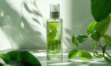 Transparent glass bottle mockup containing a rejuvenating green tea facial mist with a refreshing