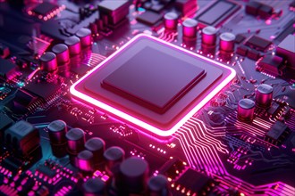 A captivating close-up view of a complex circuit board illuminated by neon lights, highlighting the