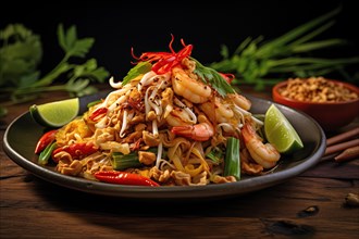 Gourmet Seafood Pad Thai on Dark Wooden Table, AI generated