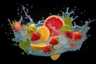 Fruit Splash: Citrus and Berries Bursting Through Water, AI generated