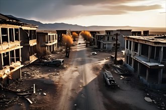 Drone shot of the eerie silence of a ghost town, AI generated