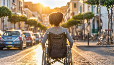 A solitary figure in a wheelchair on a cobbled street facing towards a sunrise in an urban