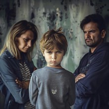 An unhappy child stands in front of his worried parents in a room with a weathered wall, AI
