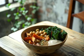 A nutritious bowl filled with chickpeas, sweet potatoes, and kale for a wholesome meal, AI