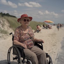 A woman in a wheelchair wears a summer hat and enjoys the day at the beach, KI generiert, AI