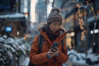 Woman checking her smartphone on a snowy city street lit by warm street lights, AI generated
