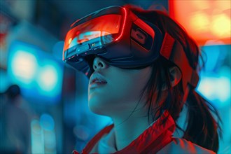 Futuristic shot of a woman fully engaged in a virtual reality with neon lights, AI generated