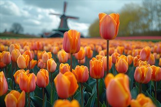 Orange tulips in the foreground with a traditional Dutch windmill in the distance, AI generated