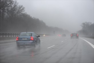 Poor visibility in the rain on the A 9 motorway, Thuringia, Germany, Europe
