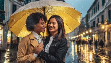 Romantic moment between two lesbian diverse women under a yellow umbrella on a rainy city street,