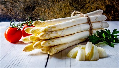A bunch of fresh white asparagus on rustic wood, accompanied by tomato and cheese, fresh white