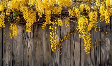 Laburnum branches cascading over a wooden fence AI generated