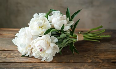A bouquet of white peonies on a rustic wooden table AI generated