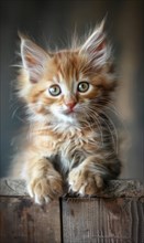 A cute kitten with a greenish-yellowish eye is sitting on a wooden box. The kitten has a fluffy