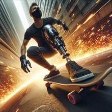A masked individual with bionic arm skateboarding, surrounded by fiery sparks, AI generated