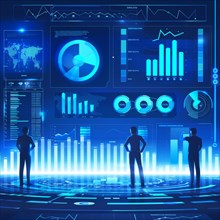 Silhouetted figures interacting with a large holographic business analytics display in blue, ai