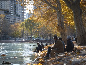 Personen sitzen entspannt am Flussufer unter Baeumen mit herbstlicher Laubfaerbung, Lifestyle in