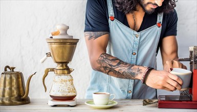 Bearded hipster man with tattoos using a manual coffee grinder next to a vintage kettle,