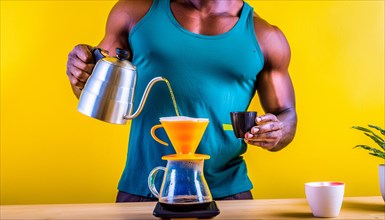 Muscular barista making coffee on a bright yellow background with professional equipment,