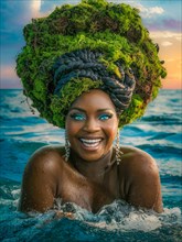 Joyful woman with moss hair, lively seafoam, waves, and dusk sky, earth day concept, AI generated