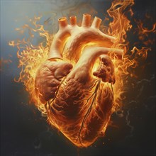 A human heart, artistically depicted with fire flames playing around it, AI generated