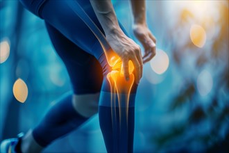 Illustration, biomedical visualisation, painful knee joint during jogging, sports injury,