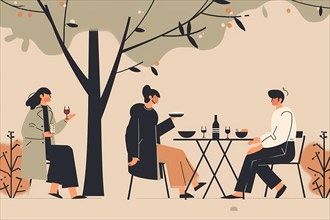 Stylized illustration of two people conversing at an outdoor cafe in autumn, illustration, AI