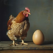 Proud chicken poses next to an egg, showing off its shiny plumage, AI generated