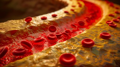 Close-up of red blood cells on a golden textured surface illuminated by warm light, ai generated,