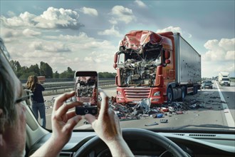 Bystander road user, gawker, photographs a destroyed truck with his smartphone as a result of a