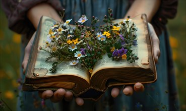 Hands holding an open old book with wildflowers blooming from its pages, closeup view AI generated