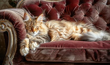 Maine Coon cat with luxurious fur reclining on a plush velvet sofa AI generated