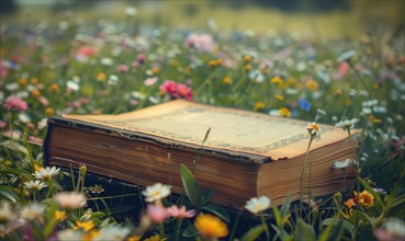 Old book lying on a grassy knoll surrounded by wildflowers AI generated
