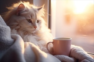 A fluffy white cat beside a coffee cup, basking in warm morning sunlight, AI generated