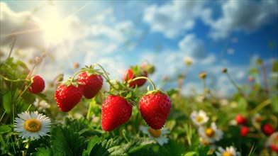 Close-up of ripe, juicy strawberries in a lush field, bathed in sunlight. A perfect blend of